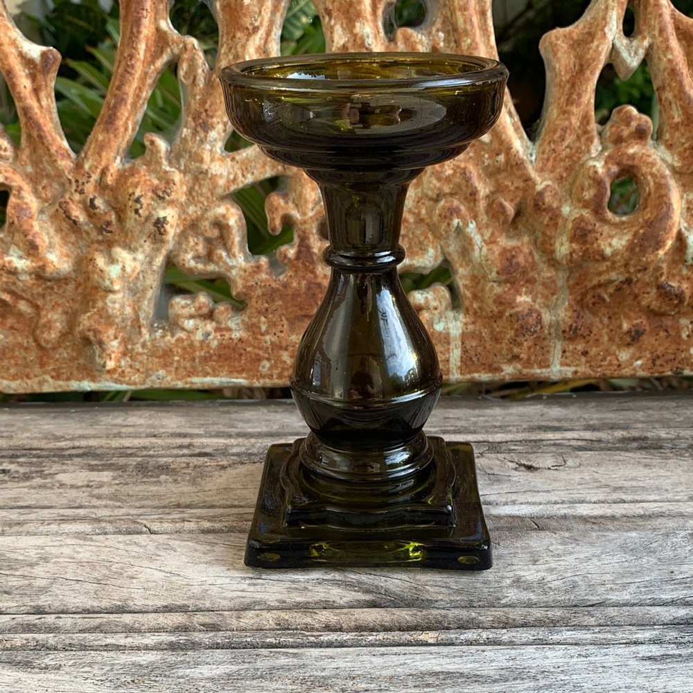 Vintage Smoky Green Glass Pedestal Candle Holder